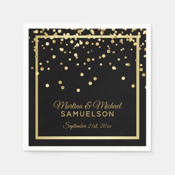 Elegant Custom Black Gold Confetti Wedding Paper Napkins