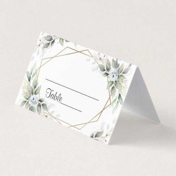 Elegant Dusty Blue Floral Greenery  Wedding Table Place Card