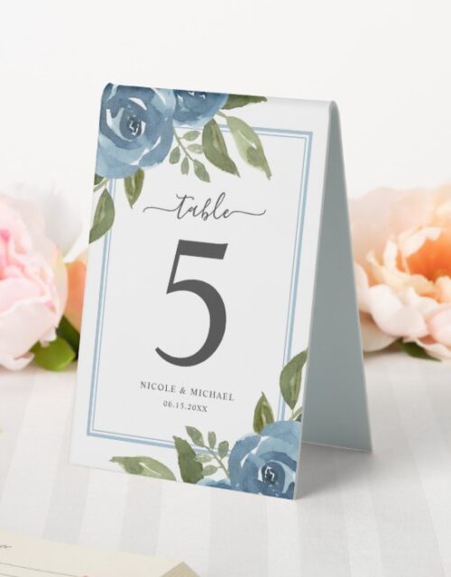 Elegant Dusty Blue Watercolor Wedding Number Table Tent Sign