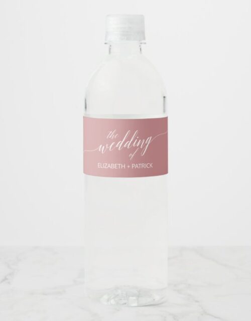 Elegant Dusty Rose Calligraphy Wedding Water Bottle Label