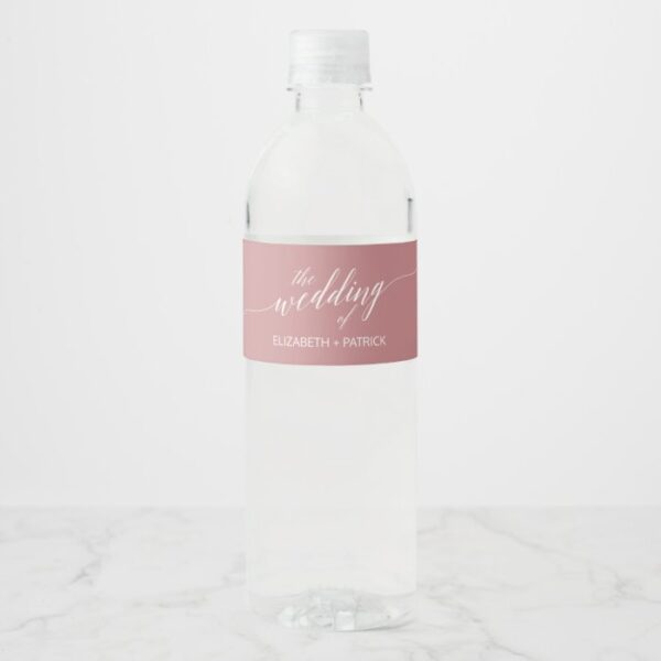 Elegant Dusty Rose Calligraphy Wedding Water Bottle Label