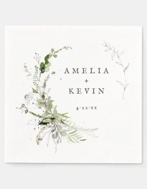 Elegant Earthy Greenery Personalized Names Date Napkins