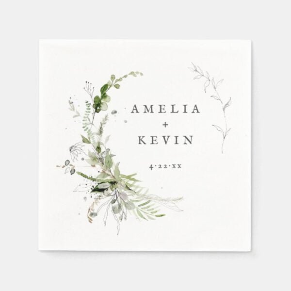 Elegant Earthy Greenery Personalized Names Date Napkins