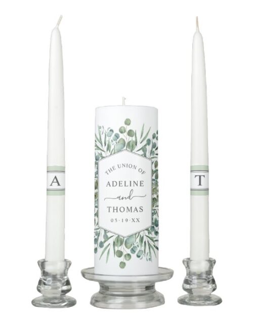 Elegant Eucalyptus Geometric Greenery Wedding Unity Candle Set