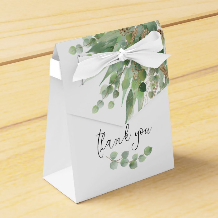 Elegant Eucalyptus Greenery Gold Names Date White Favor Box