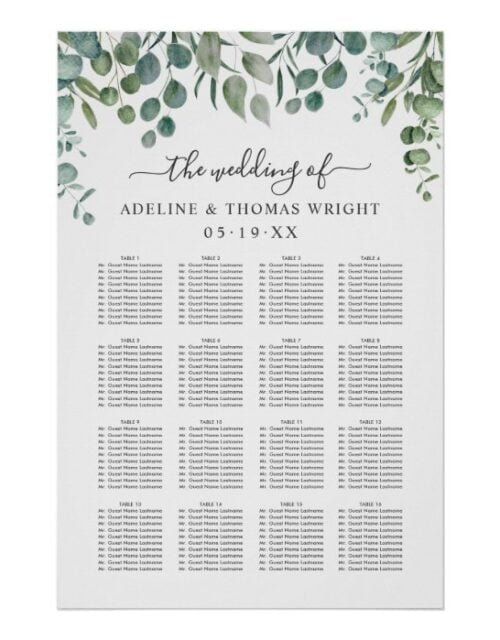 Elegant Eucalyptus Greenery Wedding Seating Poster