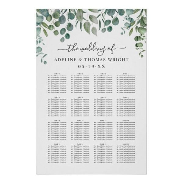 Elegant Eucalyptus Greenery Wedding Seating Poster