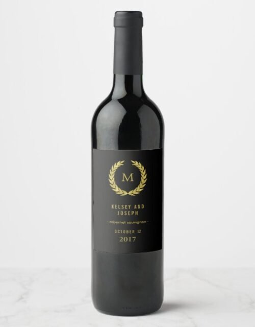 Elegant Faux Gold Laurel Wreath on Black | Wedding Wine Label