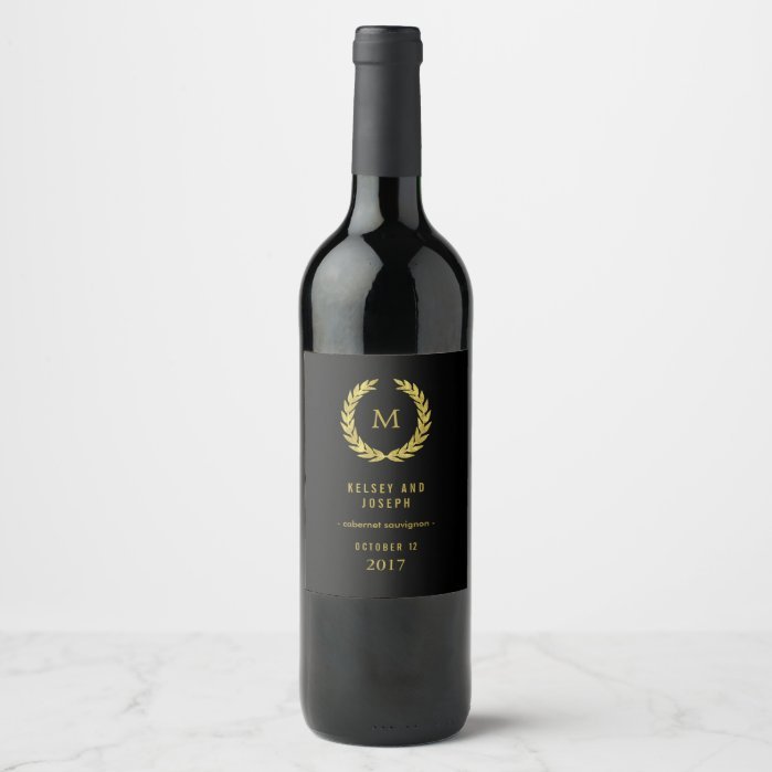 Elegant Faux Gold Laurel Wreath on Black | Wedding Wine Label
