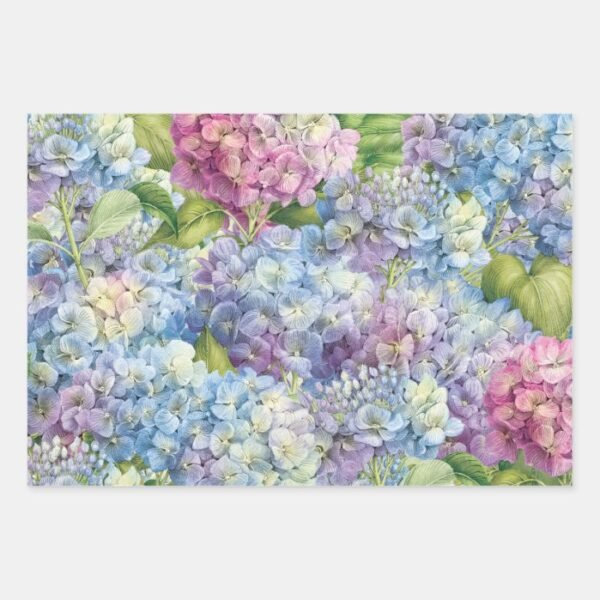 Elegant Floral Blue and Pink Hydrangea Pattern Wrapping Paper Sheets