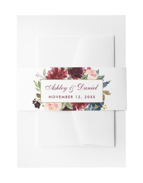 Elegant Floral Burgundy Blue Wedding Invitation Belly Band