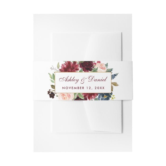 Elegant Floral Burgundy Blue Wedding Invitation Belly Band