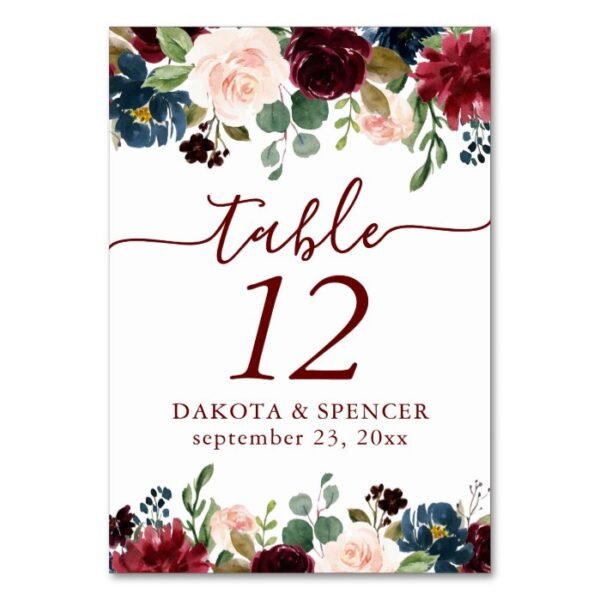 Elegant Floral | Burgundy Marsala Garland Wreath Table Number