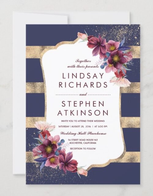 Elegant Floral Burgundy Navy and Gold Wedding Invitation