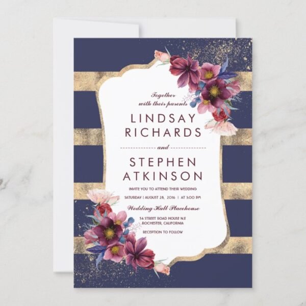 Elegant Floral Burgundy Navy and Gold Wedding Invitation