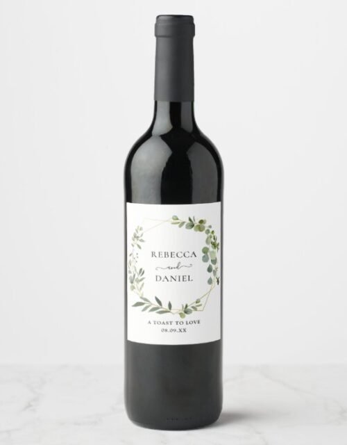 Elegant Geometric Frame Greenery  Personalized Wine Label