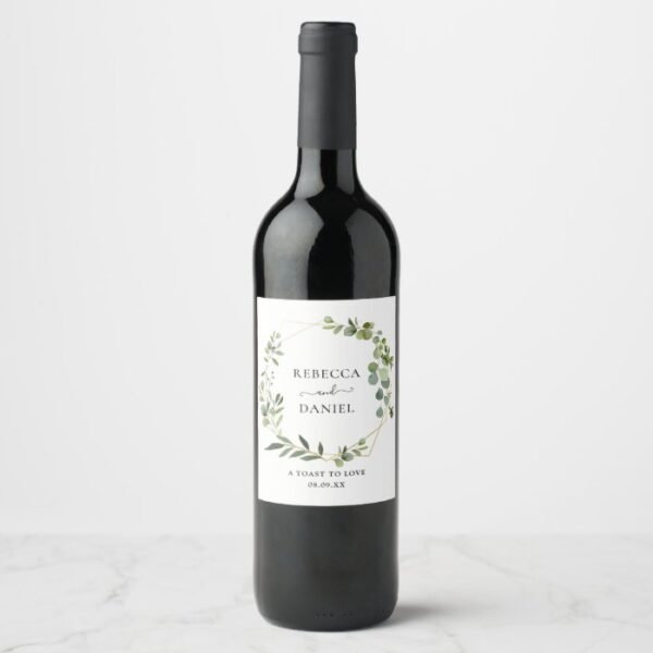 Elegant Geometric Frame Greenery  Personalized Wine Label