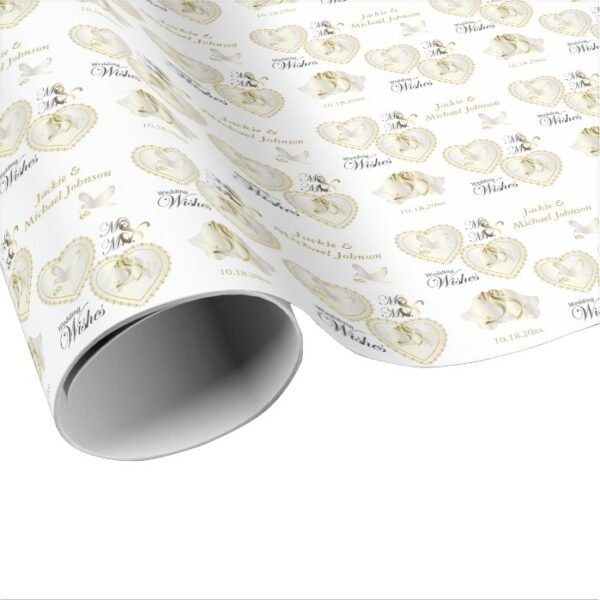 Elegant Gold and White Dove Wedding Hearts Wrapping Paper