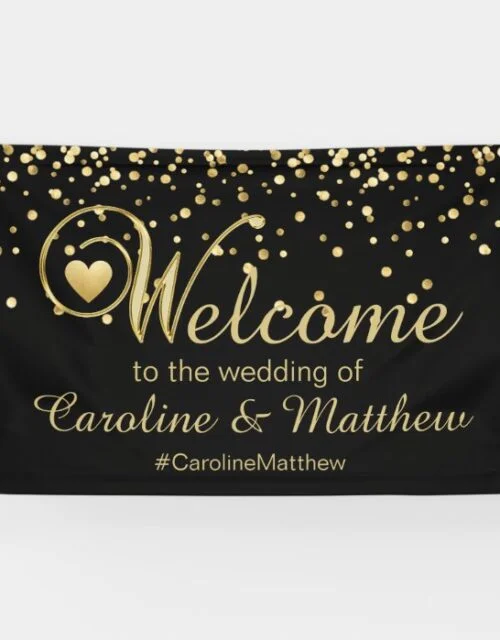 Elegant Gold Black Heart Welcome Wedding Banner