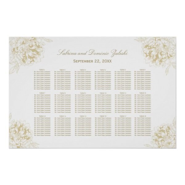 Elegant Gold Floral Peony Wedding Seating Poster