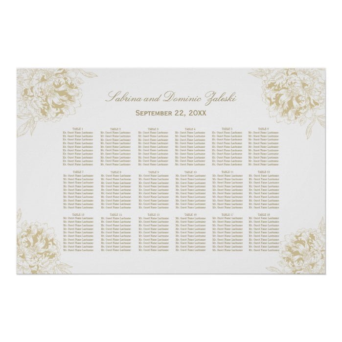 Elegant Gold Floral Peony Wedding Seating Poster