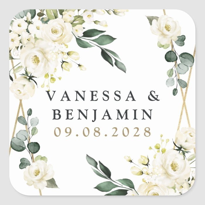 Elegant Gold Geometric Floral Greenery Wedding Square Sticker