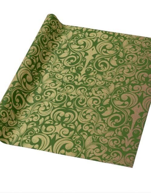 Elegant Gold Glitter Royal Green Damask Wrapping Paper