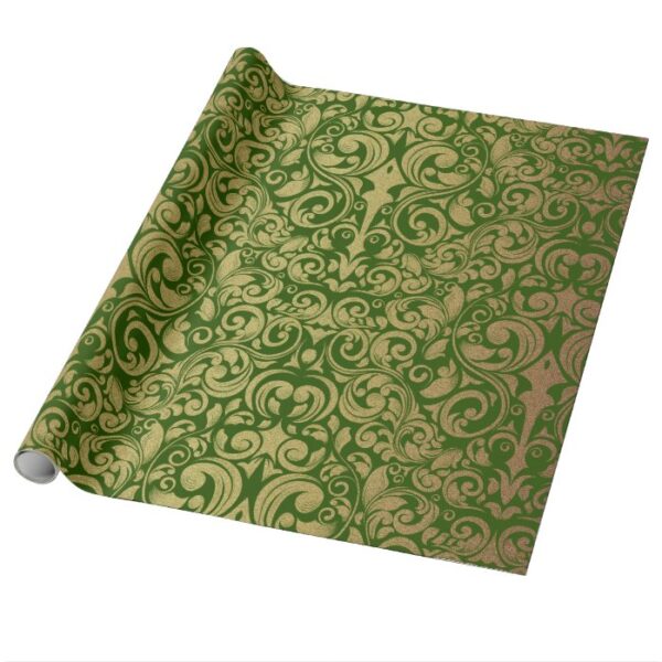 Elegant Gold Glitter Royal Green Damask Wrapping Paper