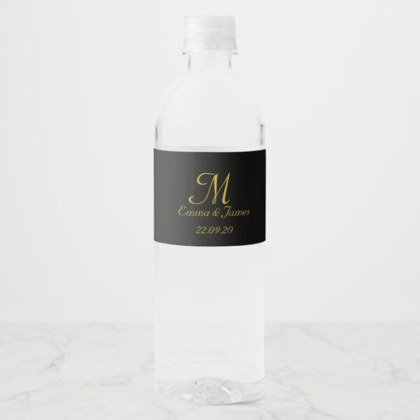Elegant Gold Monogram Wedding Water Bottle Label