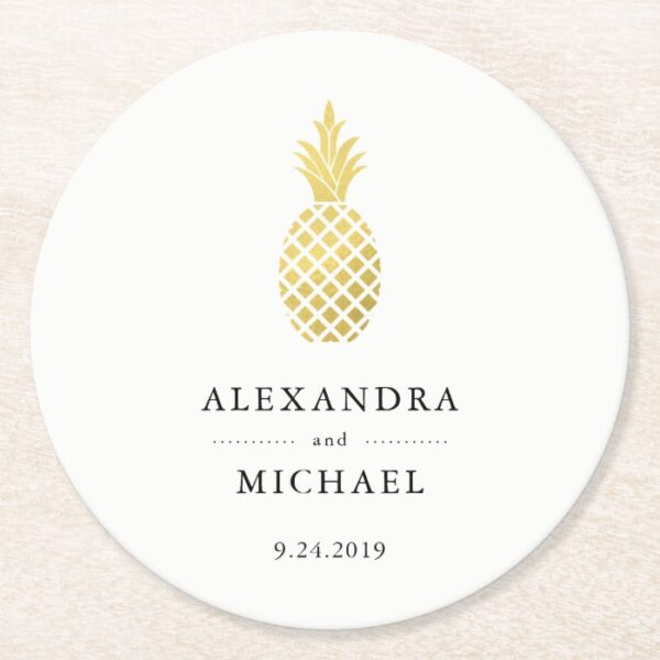 Elegant Gold Pineapple Wedding Round Paper Coaster