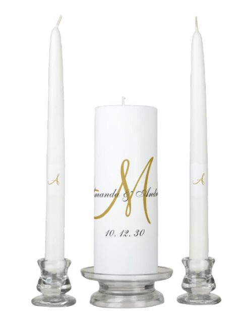 Elegant Gold Script Monogram Names Wedding Unity Candle Set
