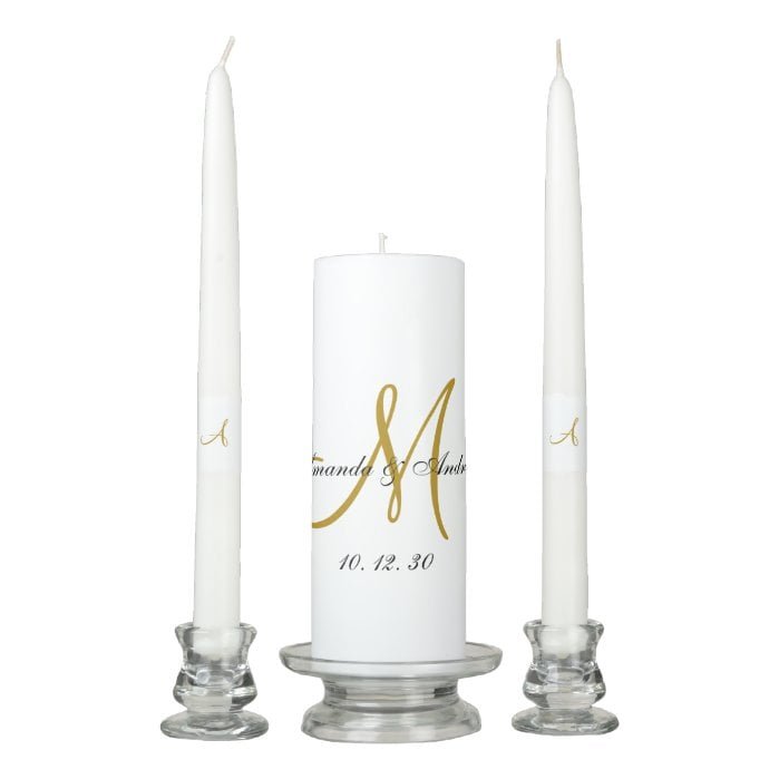 Elegant Gold Script Monogram Names Wedding Unity Candle Set