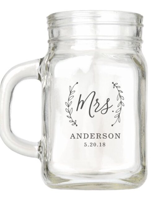 Elegant Laurel Personalized Mrs. Wedding Mason Jar