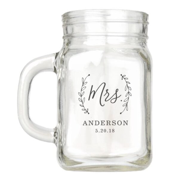 Elegant Laurel Personalized Mrs. Wedding Mason Jar