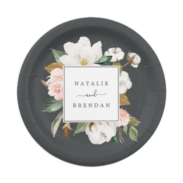 Elegant Magnolia | Black and White Wedding Paper Plate