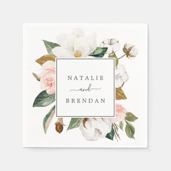 Elegant Magnolia | White and Blush Wedding Napkins