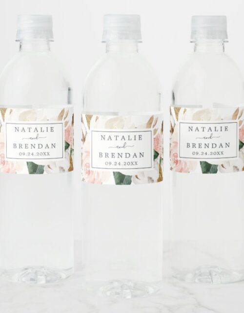 Elegant Magnolia | White and Blush Wedding Water Bottle Label