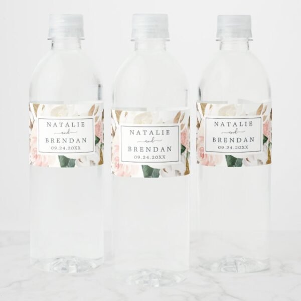 Elegant Magnolia | White and Blush Wedding Water Bottle Label