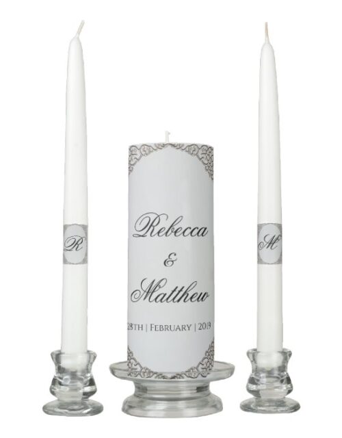 Elegant Metallic Silver Monogrammed Wedding Unity Candle Set