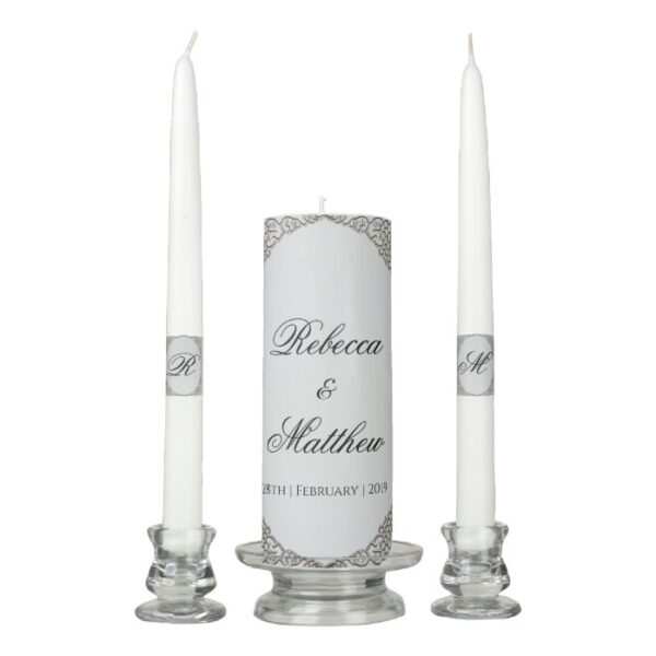 Elegant Metallic Silver Monogrammed Wedding Unity Candle Set