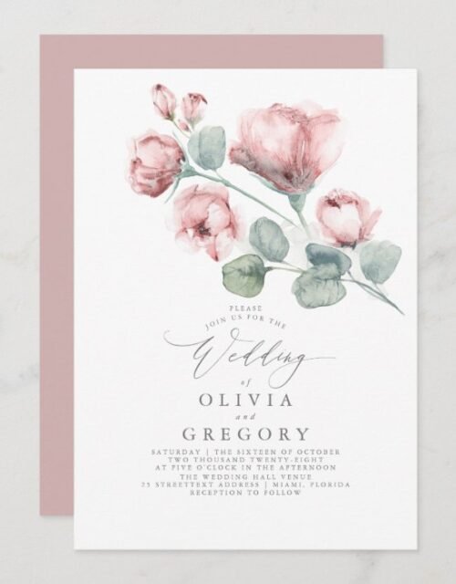 Elegant Modern Dusty Pink Rose Floral Wedding Invitation