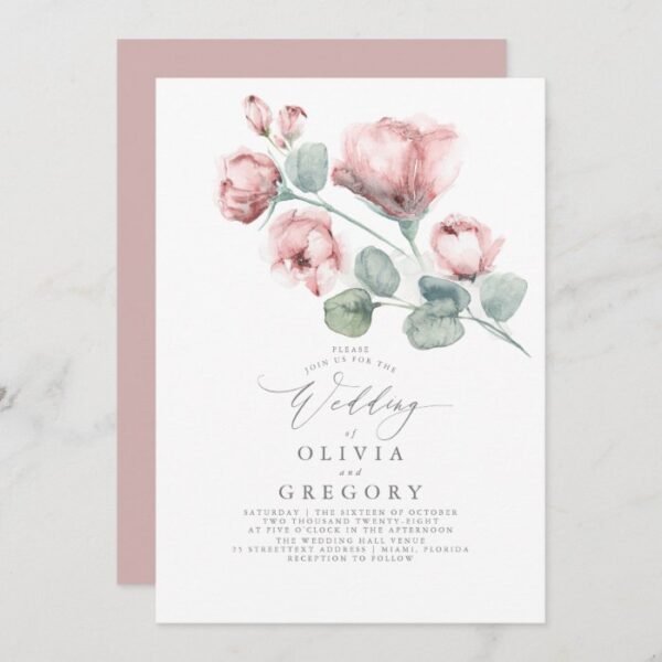 Elegant Modern Dusty Pink Rose Floral Wedding Invitation