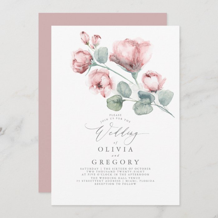 Elegant Modern Dusty Pink Rose Floral Wedding Invitation