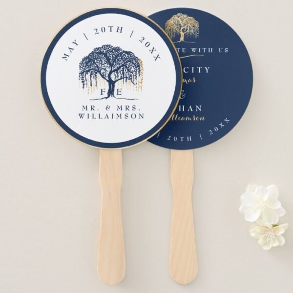 Elegant Modern Willow Tree Navy Blue Gold Wedding Hand Fan