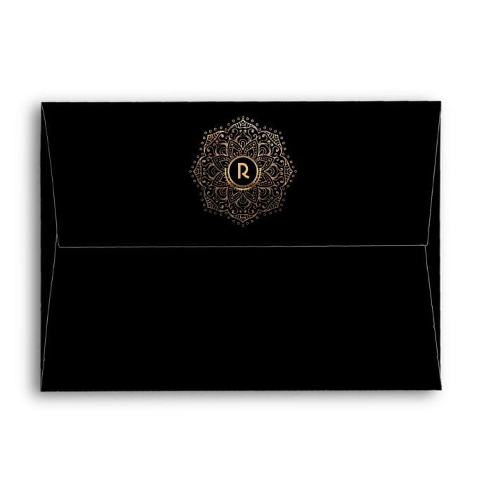 Elegant Monogram Boho Black Gold Foil Mandala 5x7 Envelope