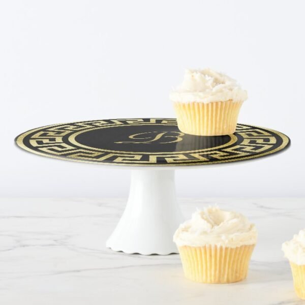 Elegant Monogram Gold Glitter Art Deco Greek Key Cake Stand