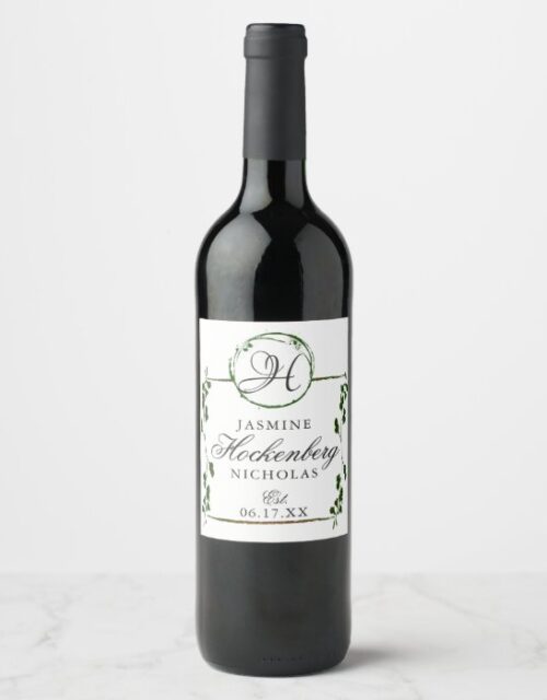Elegant Monogram Greenery Personalized Wine Label