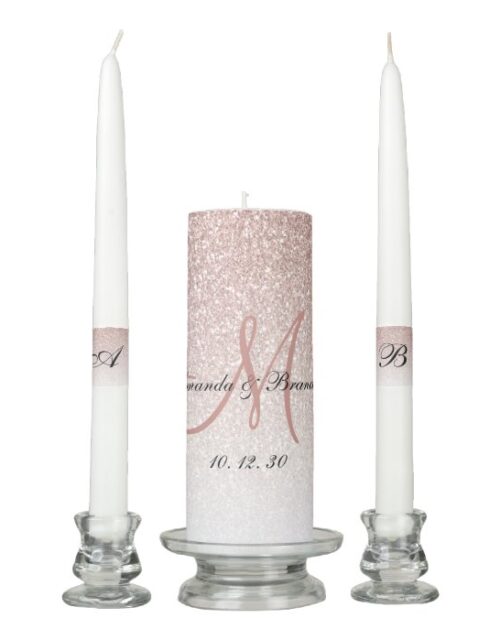 Elegant Monogram Names Rose Gold Glitter Wedding Unity Candle Set