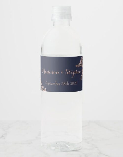 Elegant Navy Blue and Faux Rose Gold Wedding Water Bottle Label