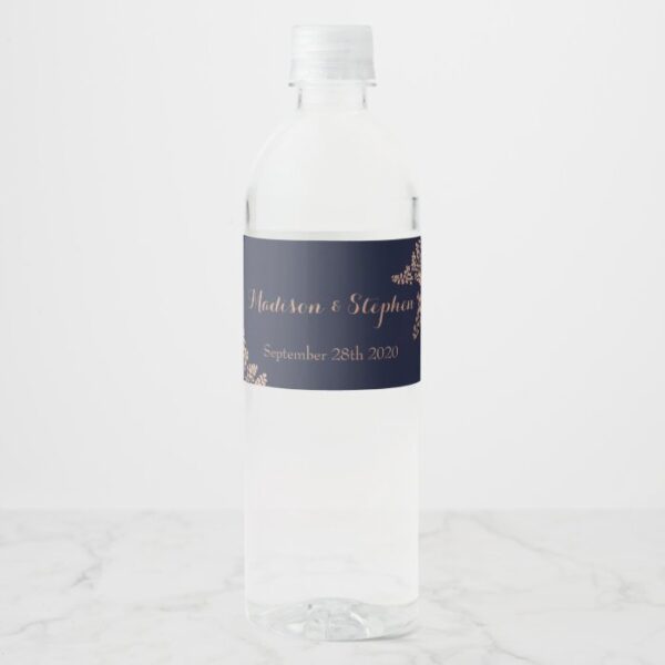 Elegant Navy Blue and Faux Rose Gold Wedding Water Bottle Label